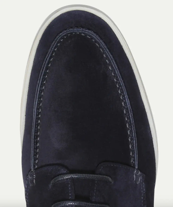 Men's lace-up moccasin shoes shown in black and beige with round toes and flat soles