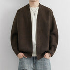Men's open front ribbed knit cardigan with dropped shoulders