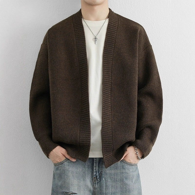 Men's open front ribbed knit cardigan with dropped shoulders