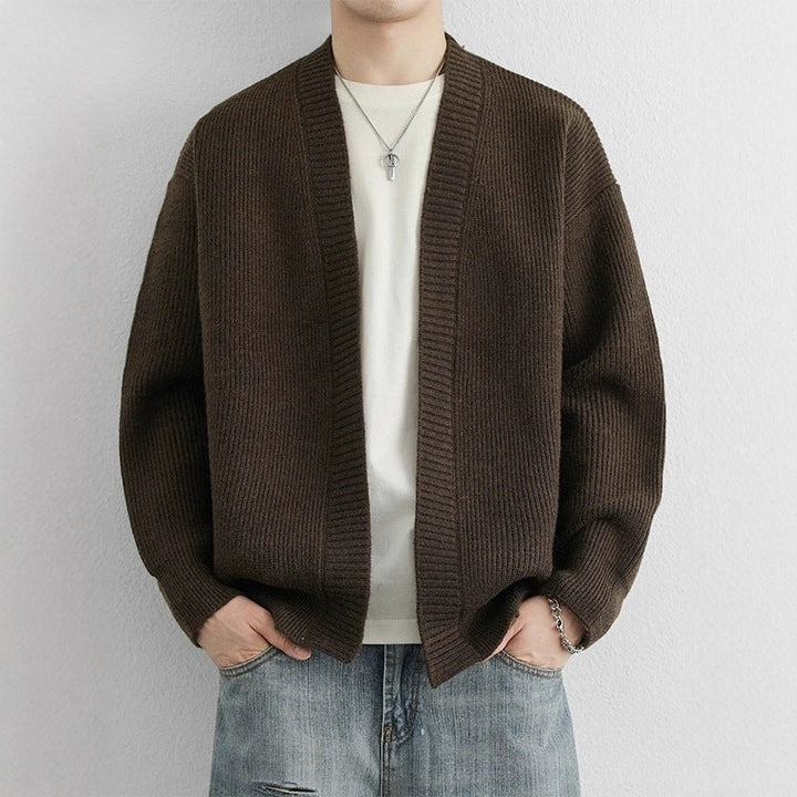 Men's open front ribbed knit cardigan with dropped shoulders