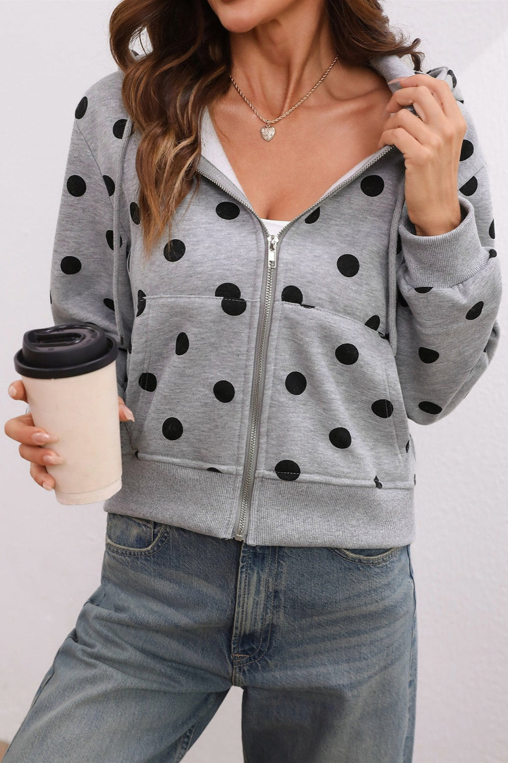 Women's polka dot cropped zip hoodie with long sleeves