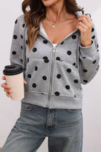 Women's polka dot cropped zip hoodie with long sleeves