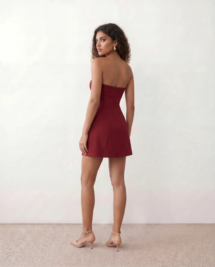 Women's strapless pleated mini dress with straight neckline