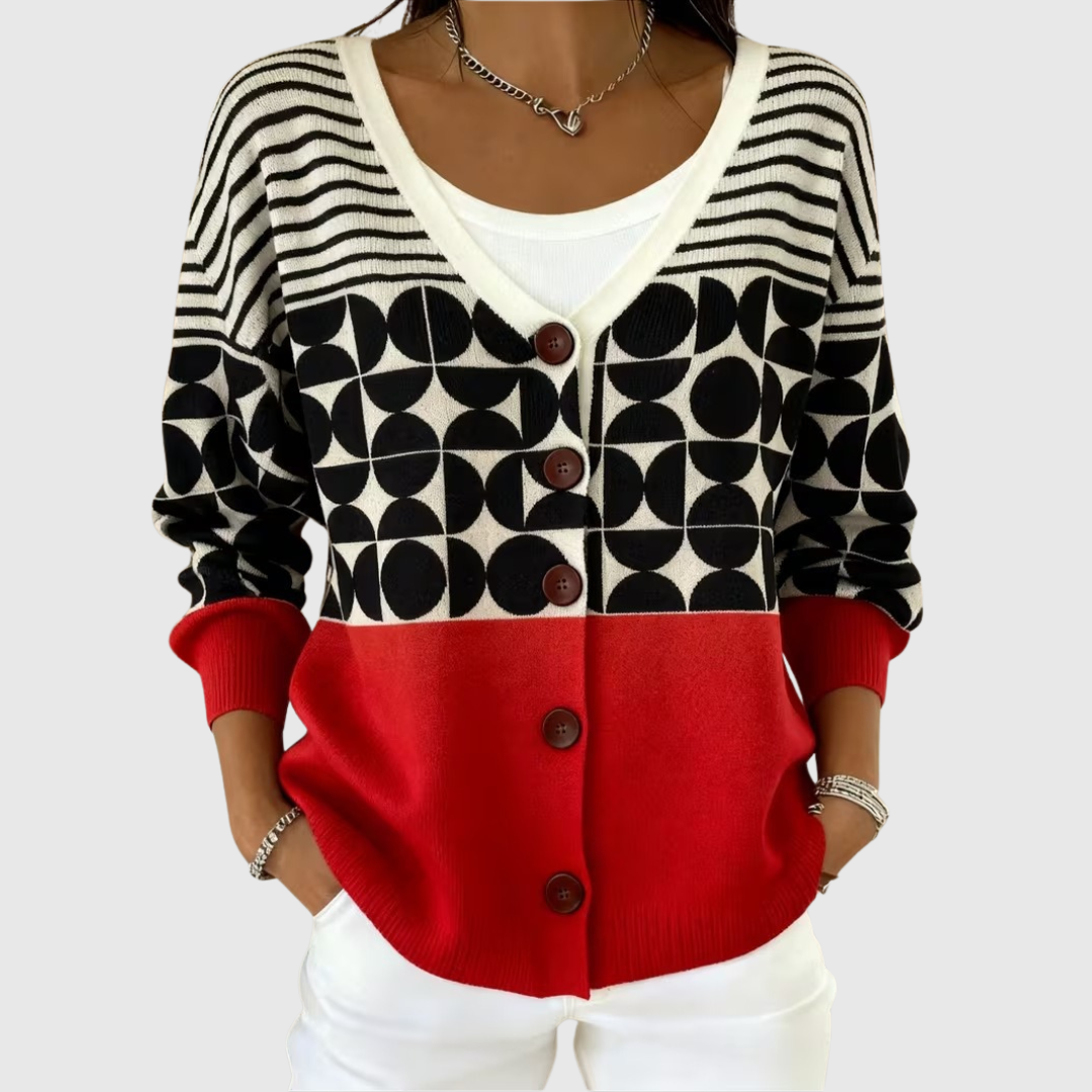 Women's black, white and red geometric button cardigan with V-neck and long sleeves