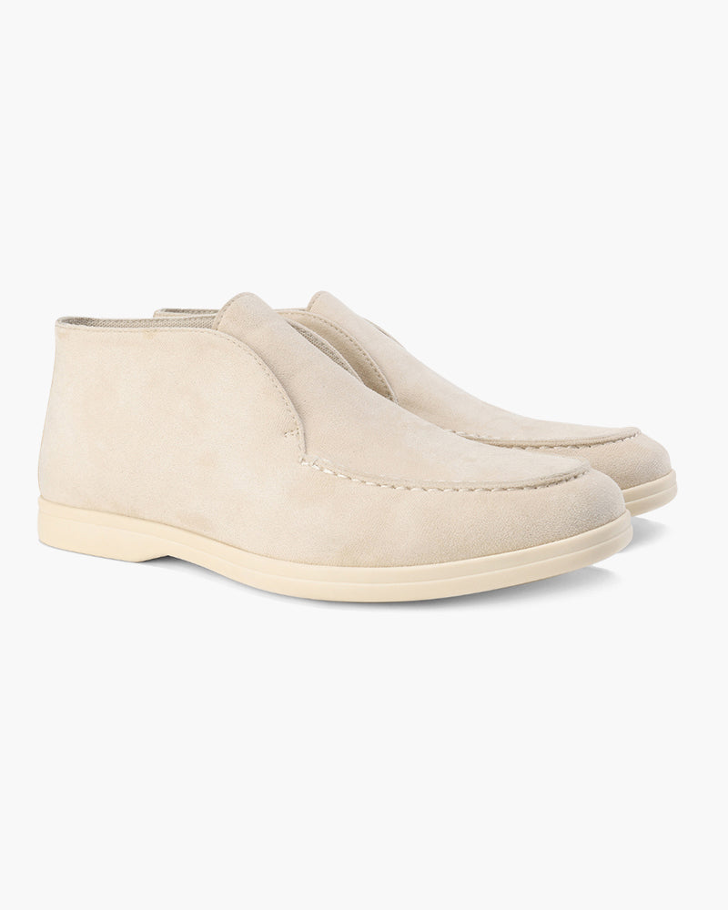 Suede loafers with moc stitching and contrasting light soles