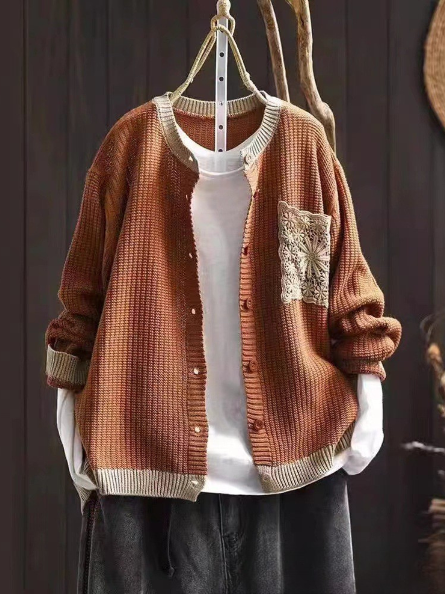 Women's knitted cardigan with button front, ribbed trims and decorative crochet-style chest pocket