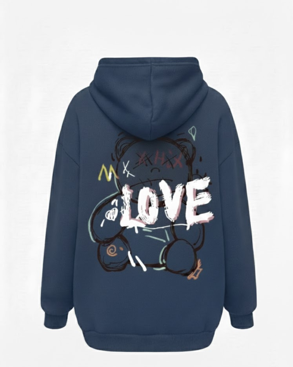 Unisex oversized hooded sweatshirt with illustrated LOVE graphic on the back