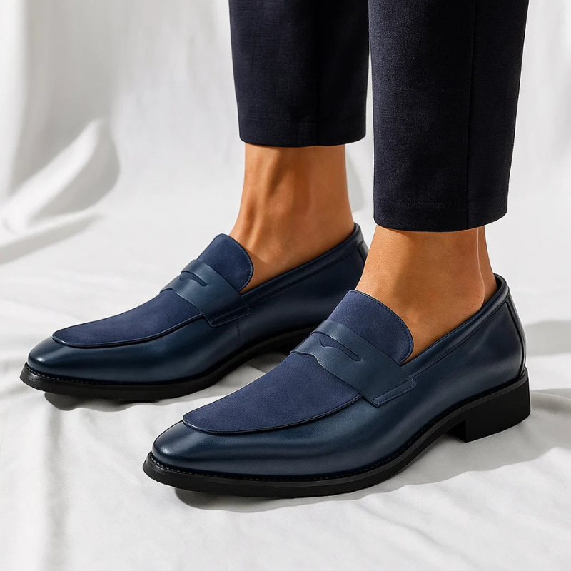 Men's navy and black penny loafers with almond toe and low heel