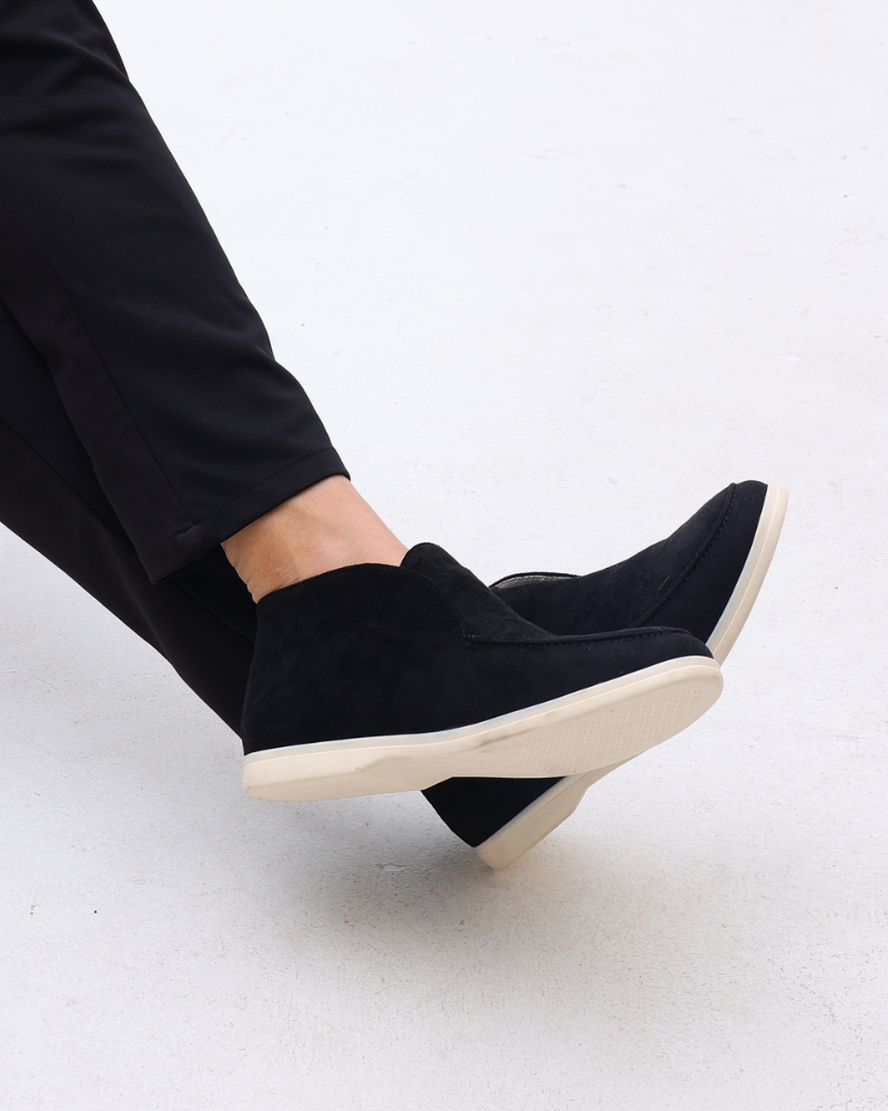 Suede loafers with moc stitching and contrasting light soles