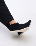 Suede loafers with moc stitching and contrasting light soles