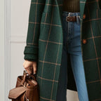 Women's long checkered coat with notched lapels and button front