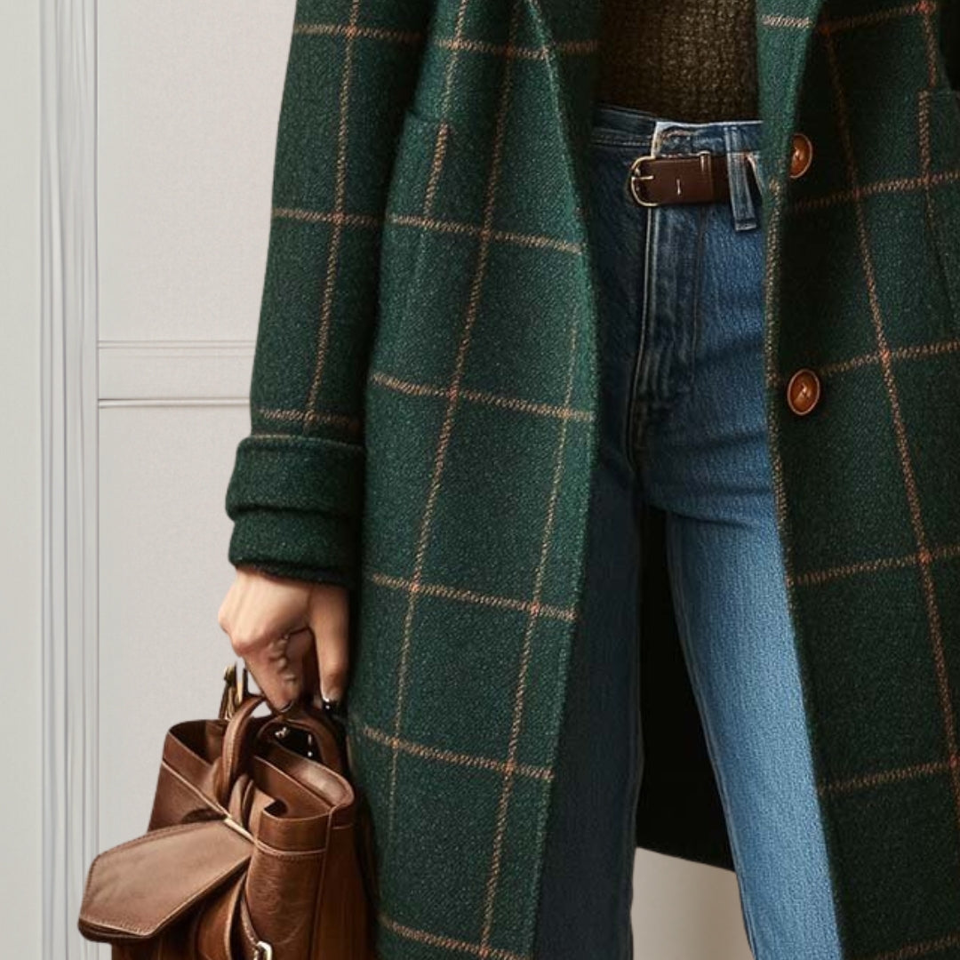 Women's long checkered coat with notched lapels and button front