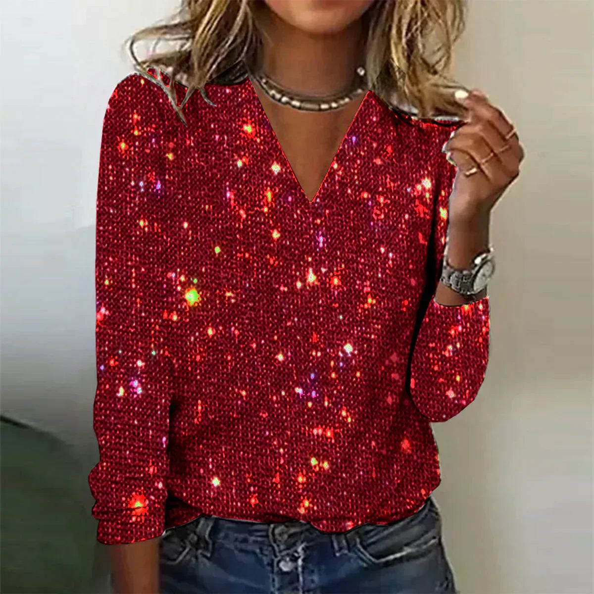 Women's sequin V-neck jumper with long sleeves and sparkle finish