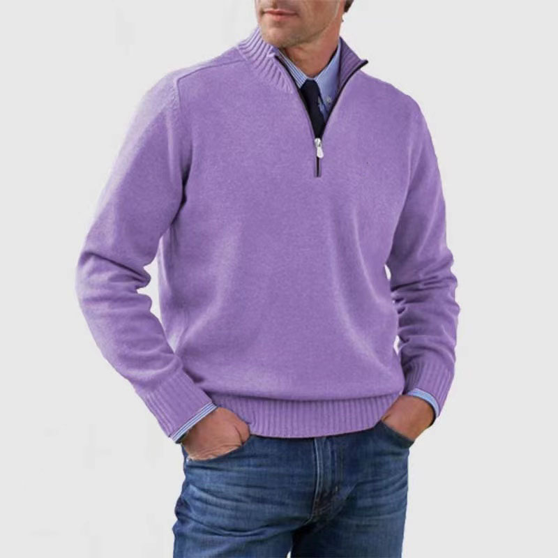 Men's quarter zip mock neck jumper with long sleeves and ribbed trims
