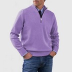 Men's quarter zip mock neck jumper with long sleeves and ribbed trims