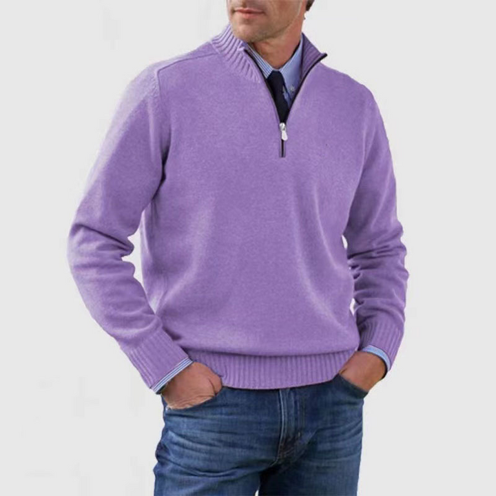 Men's quarter zip mock neck jumper with long sleeves and ribbed trims