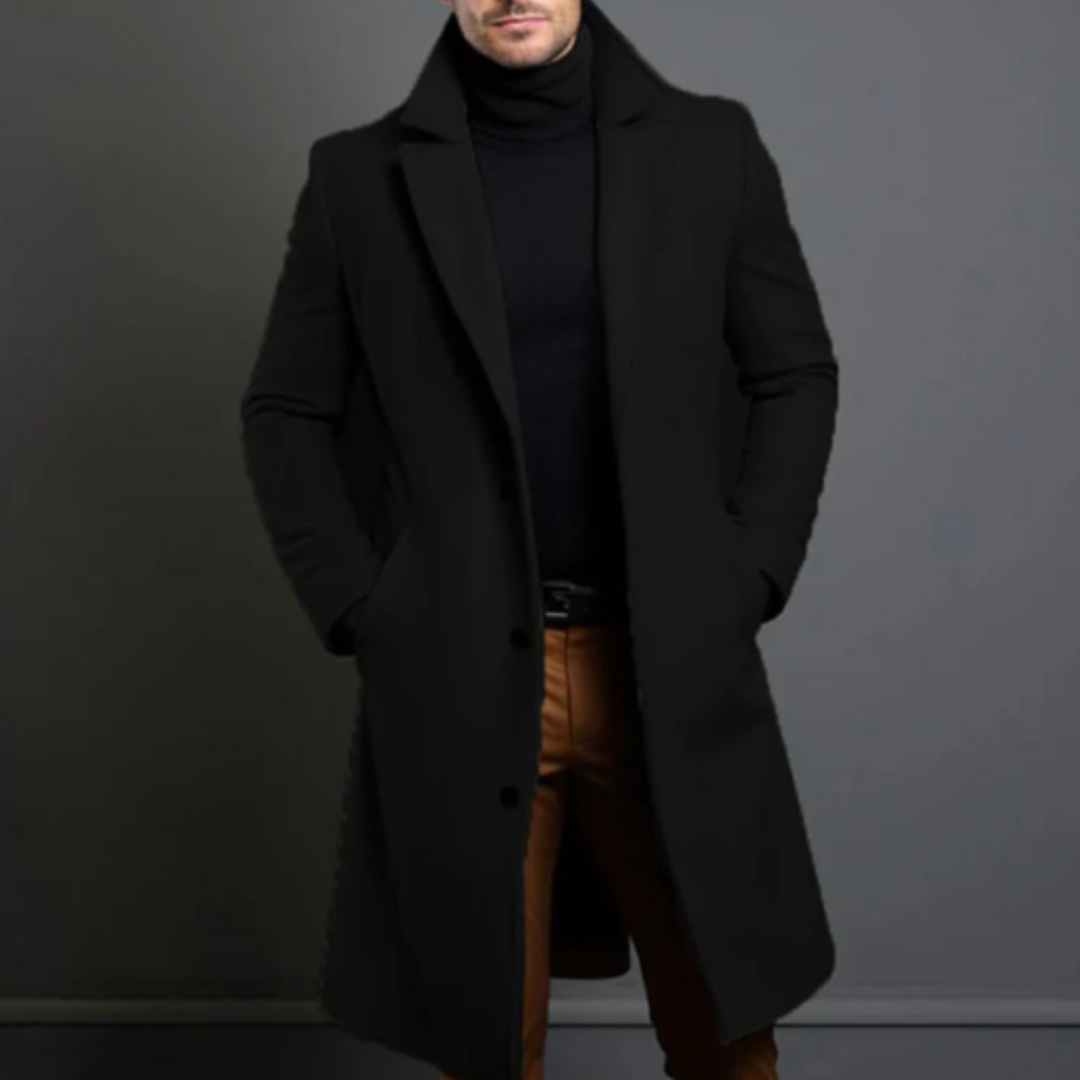 Men's long button-front overcoat with notched lapels and side pockets