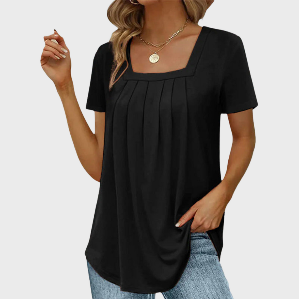 Women's short-sleeve pleated blouse with square neckline
