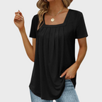 Women's short-sleeve pleated blouse with square neckline