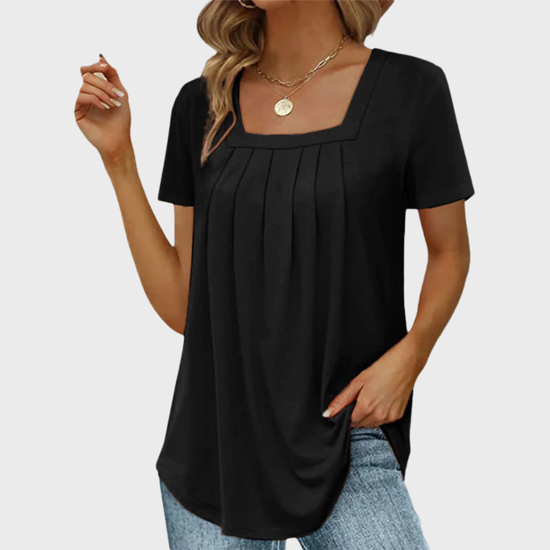 Women's short-sleeve pleated blouse with square neckline