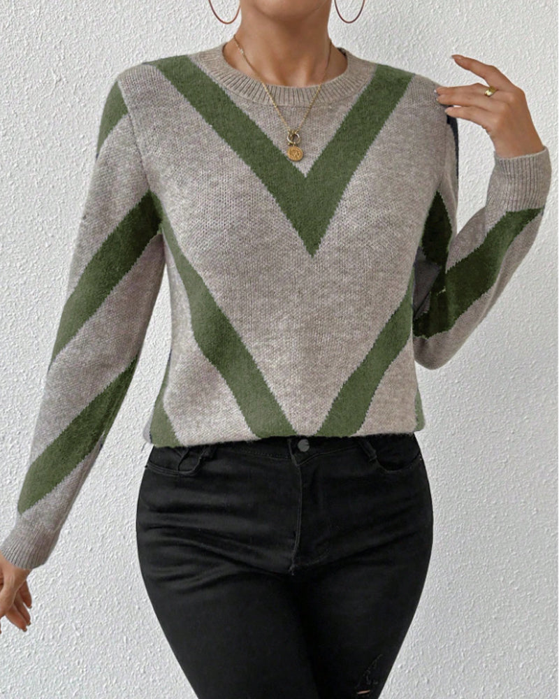 Women's geometric pattern crew neck sweater with long sleeves