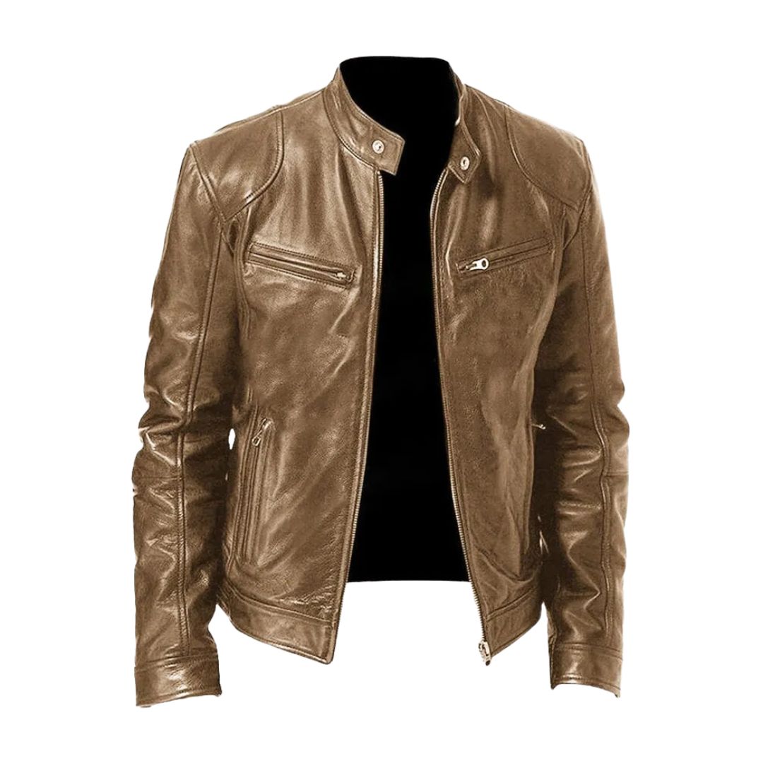 Men's zip front biker jacket with stand collar and zipped pockets