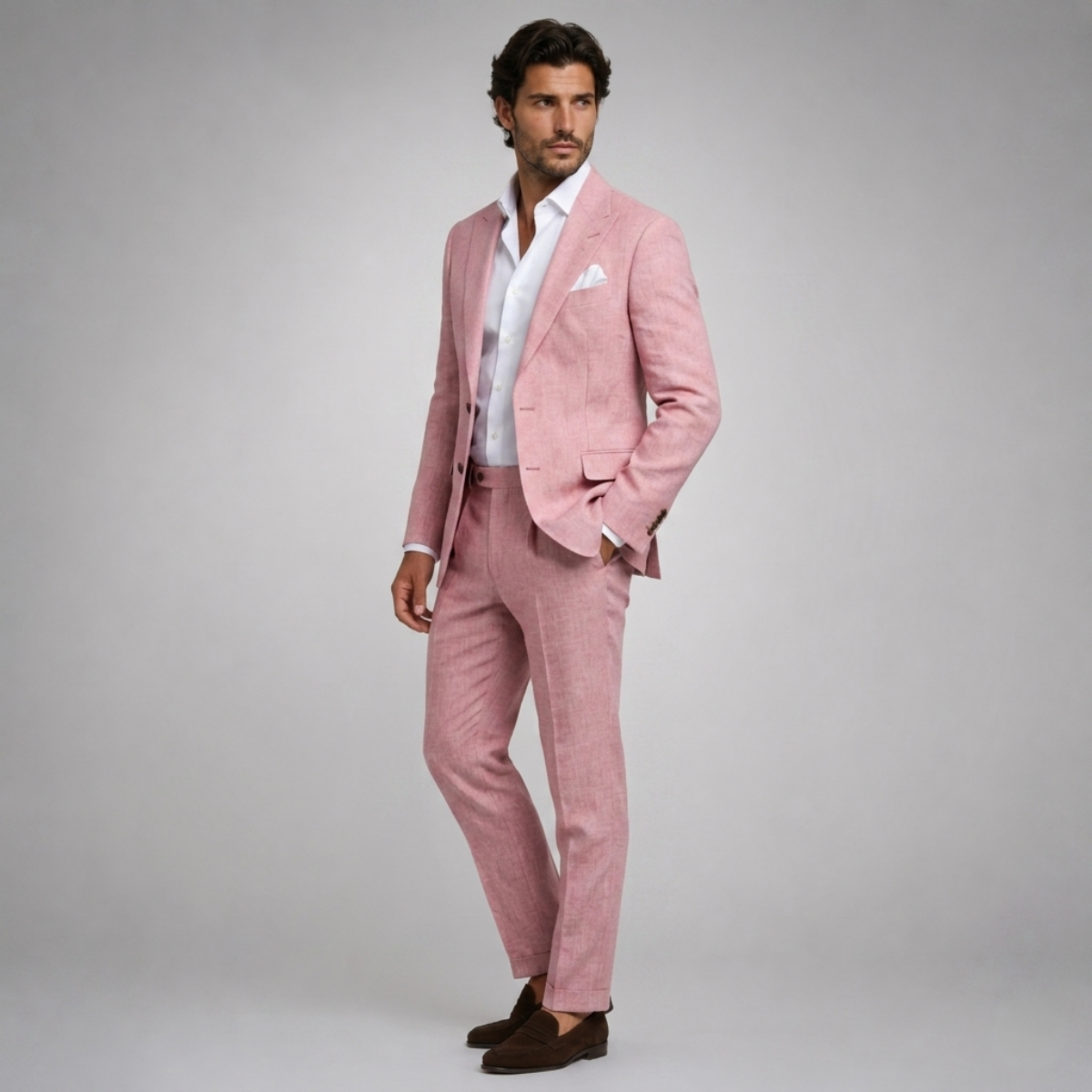 Men's slim fit two piece suit with button blazer and long trousers