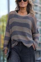 Women's striped open-knit sweater with crew neckline and long sleeves