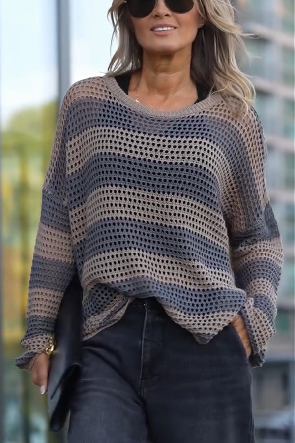 Women's striped open-knit sweater with crew neckline and long sleeves
