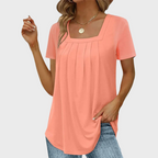 Women's short-sleeve pleated blouse with square neckline
