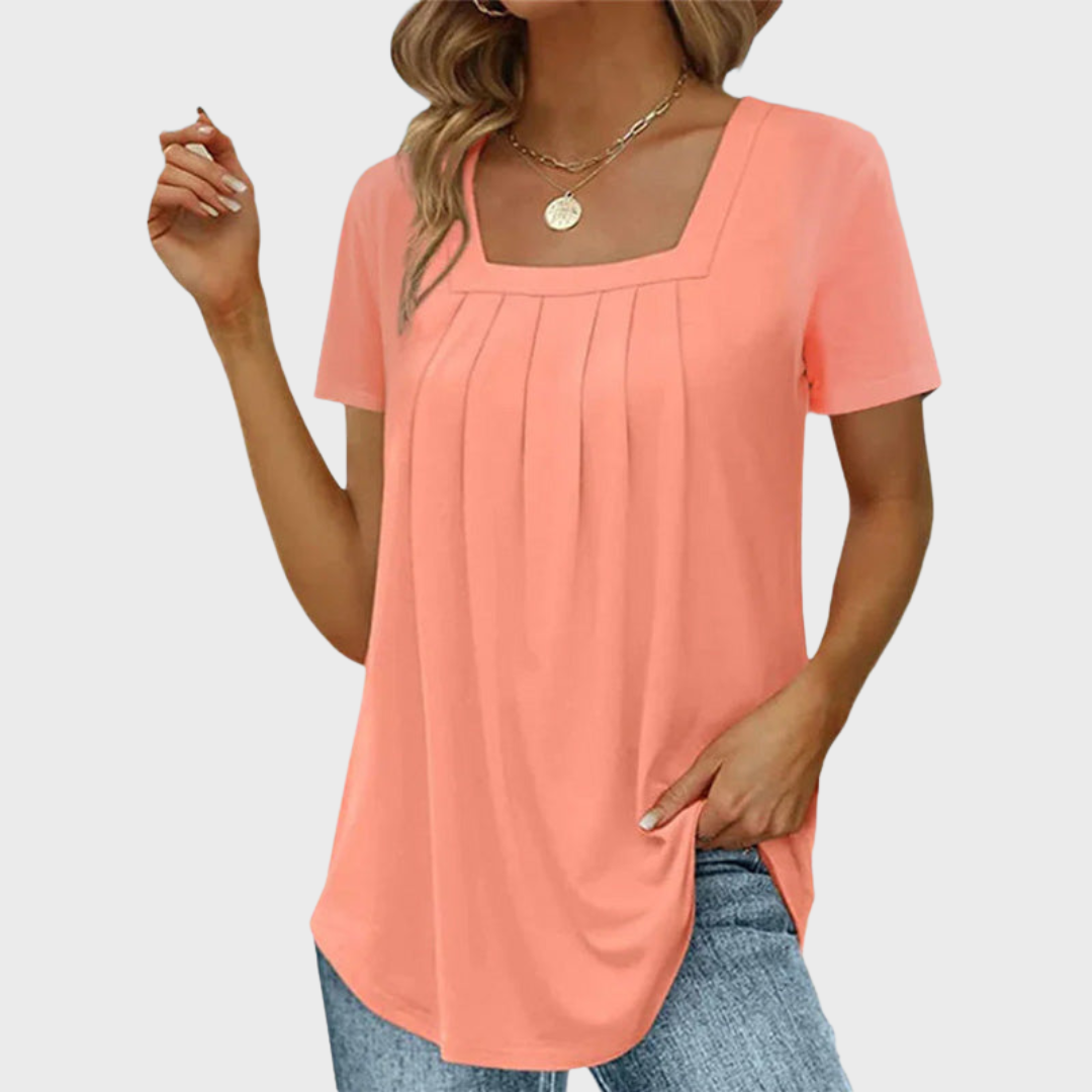 Women's short-sleeve pleated blouse with square neckline