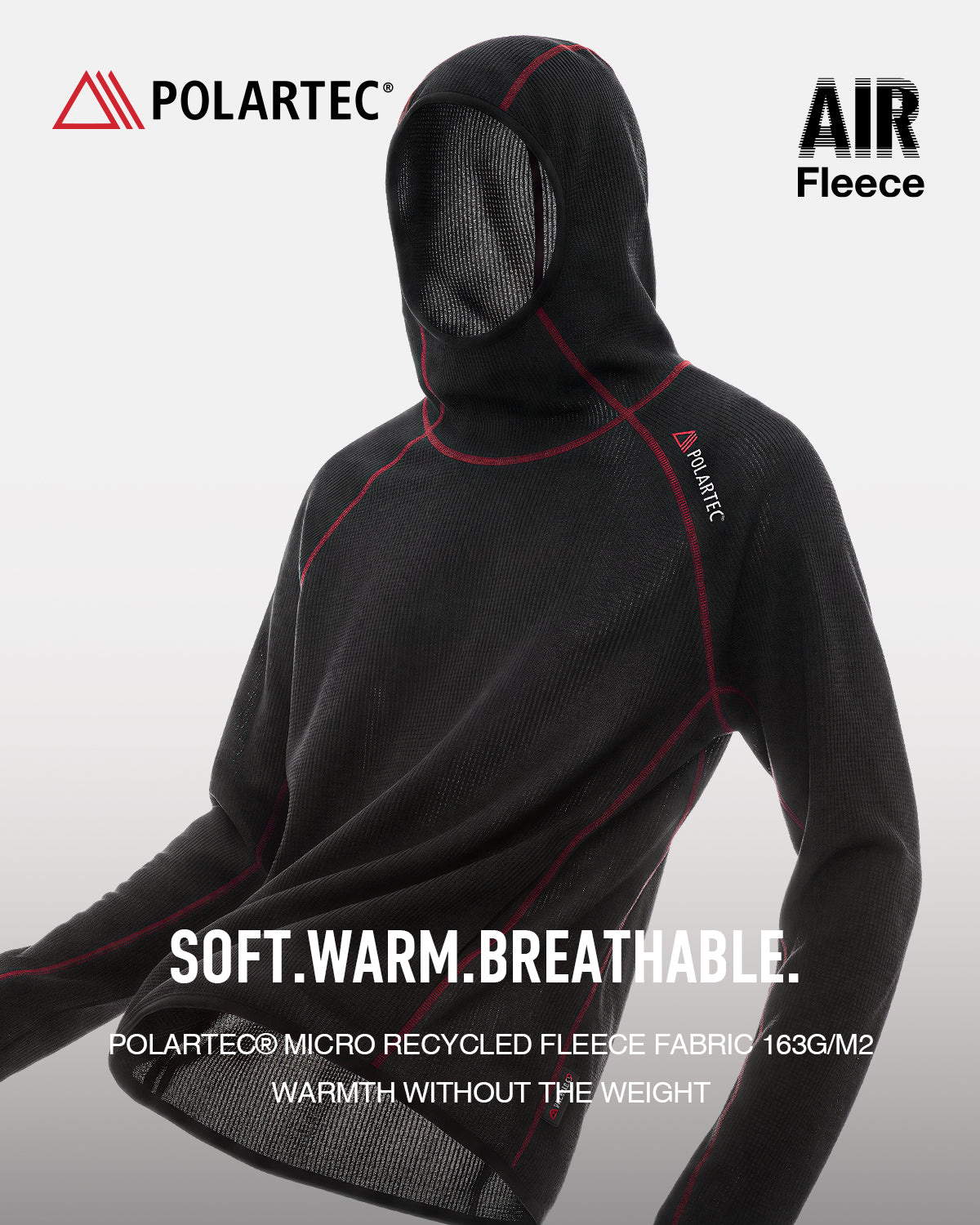 High-neck hooded pullover with long sleeves and contrast seam detailing