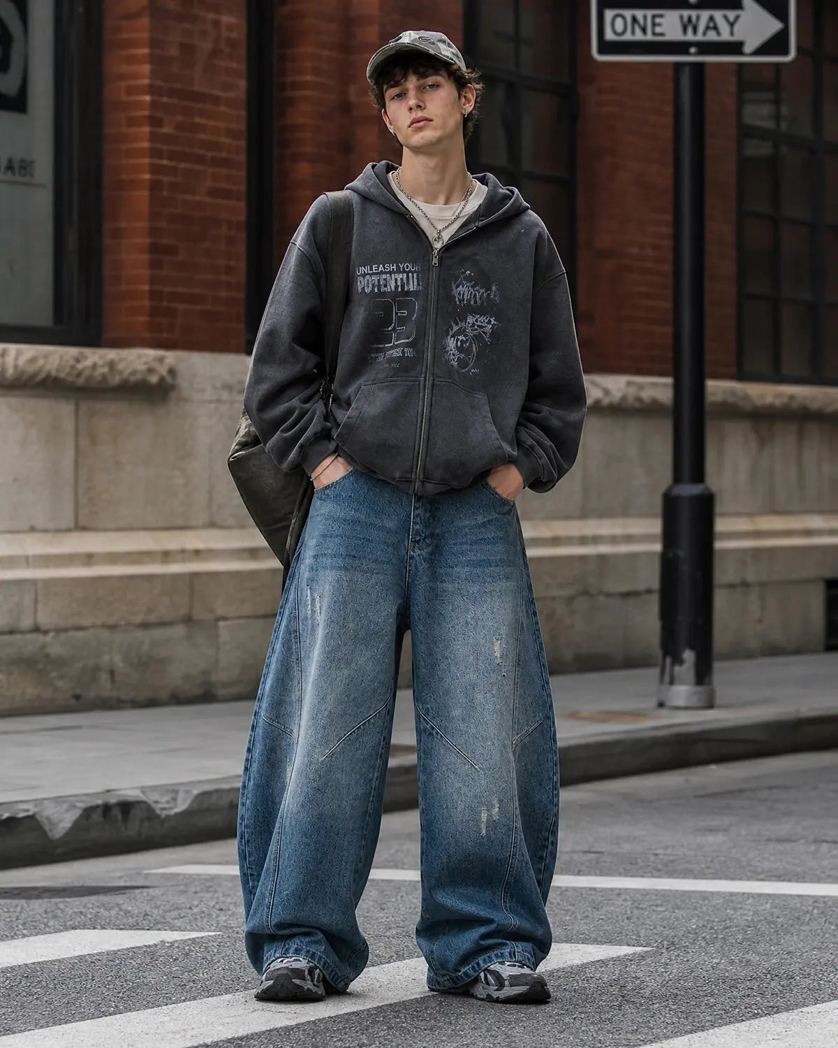 Distressed baggy jeans with wide legs and stitched panel details