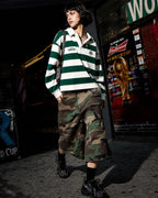 Unisex striped rugby polo shirt with a white collar and long sleeves
