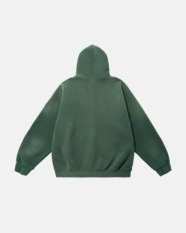 Green zip-up hoodie with hood, kangaroo pocket and ribbed trims