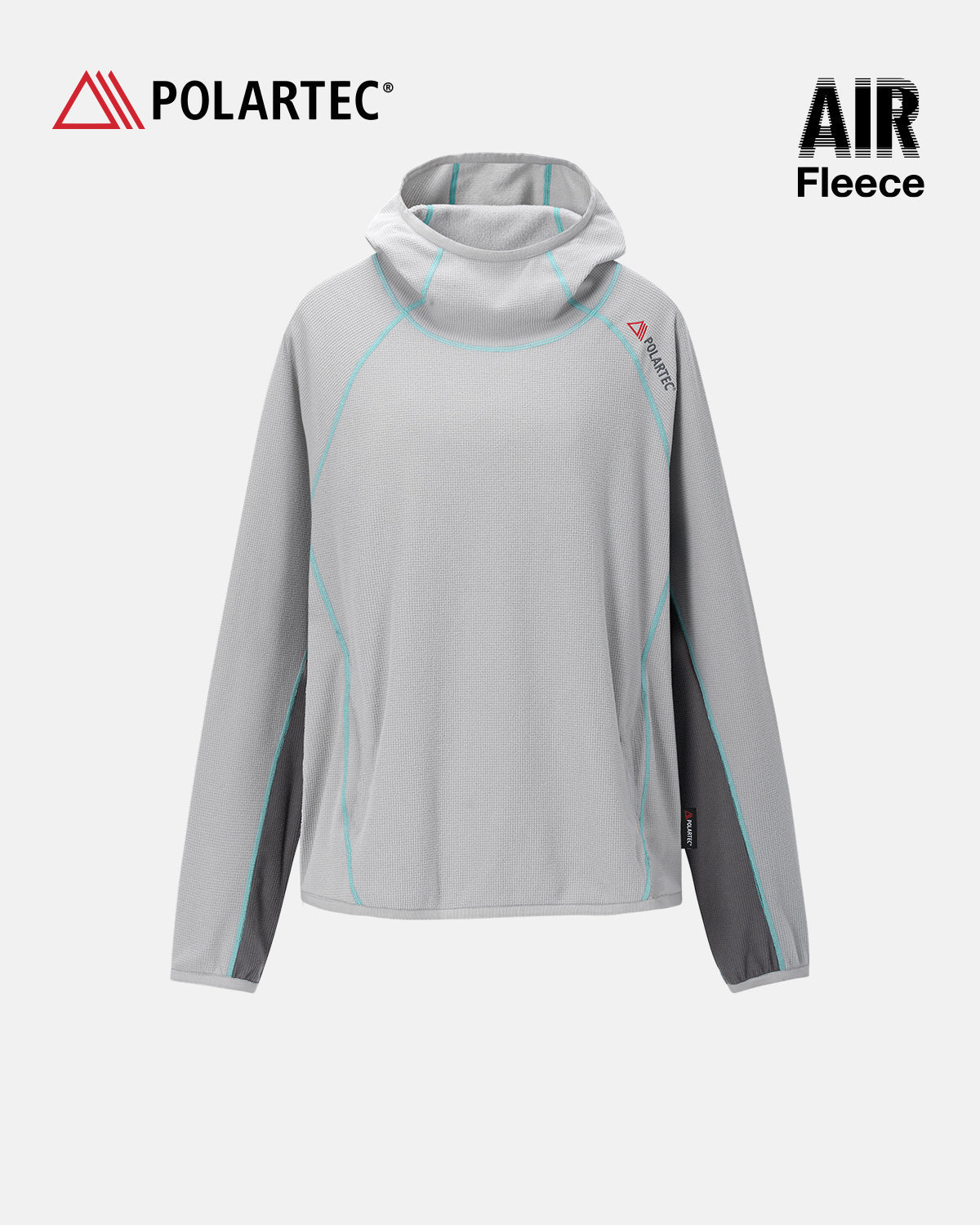 High-neck hooded pullover with long sleeves and contrast seam detailing