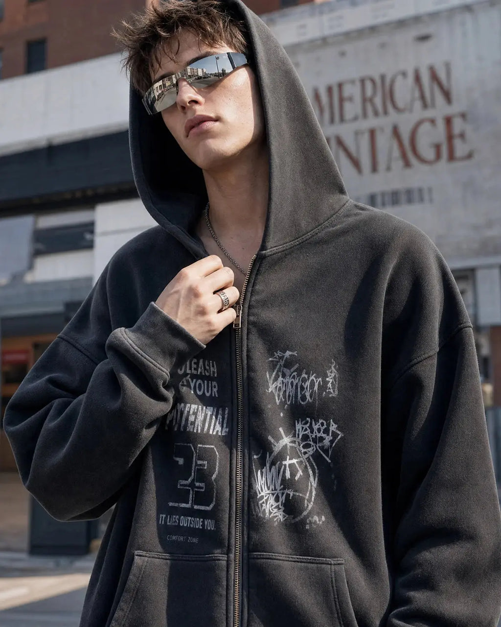 Men's washed graphic zip-up hoodie with hood and front pockets