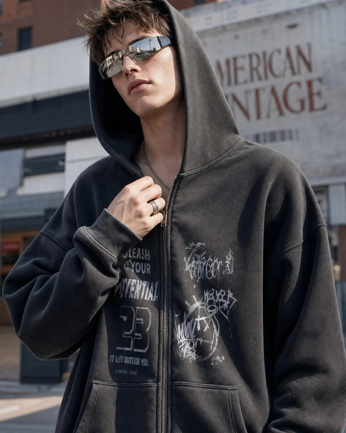 Men's washed graphic zip-up hoodie with hood and front pockets