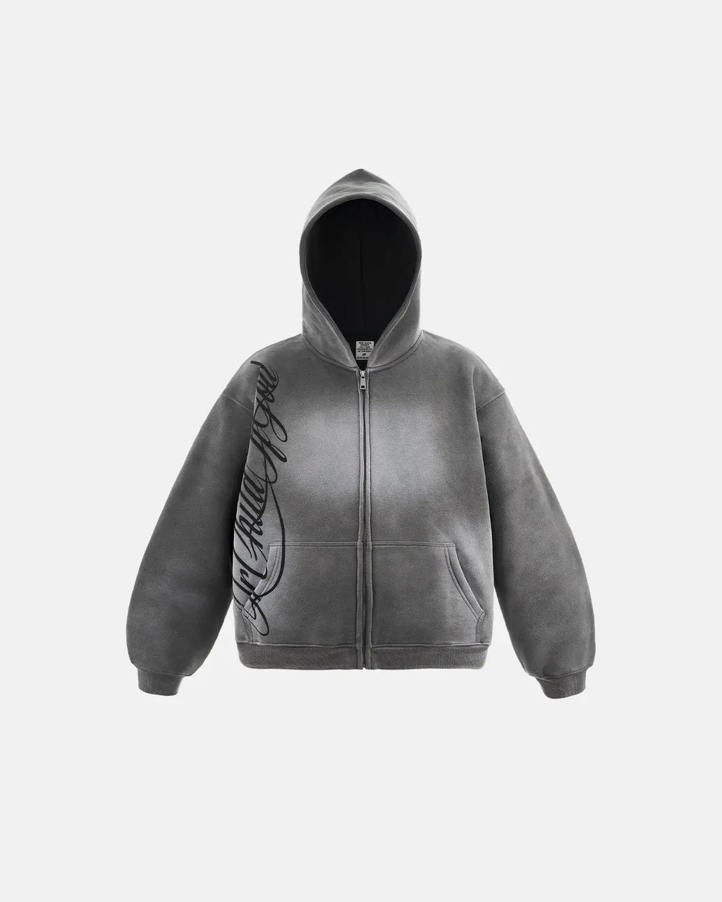 Men's grey acid-wash zip-up hoodie with hood, graphic print and front pockets