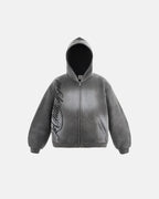 Men's grey acid-wash zip-up hoodie with hood, graphic print and front pockets