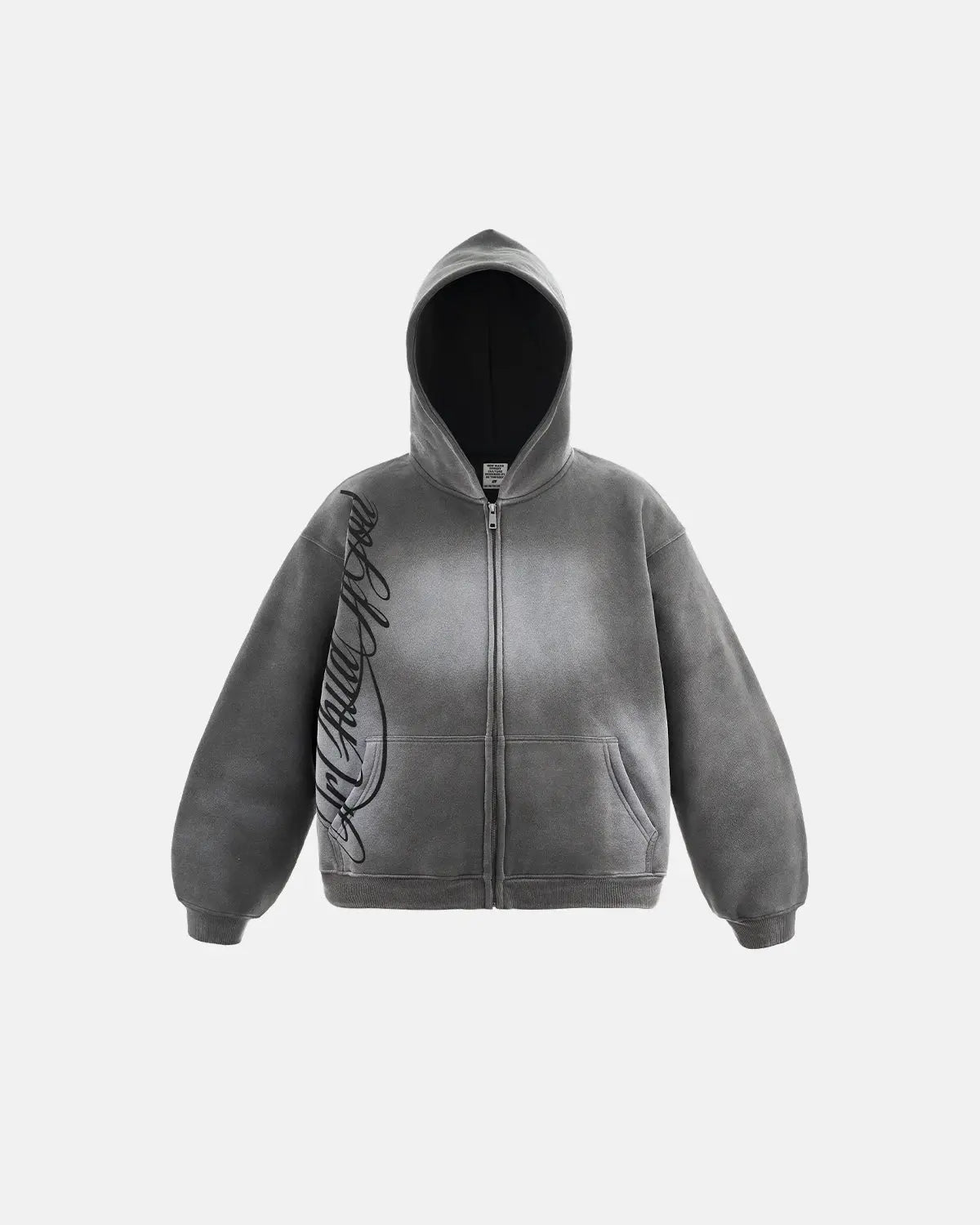 Men's grey acid-wash zip-up hoodie with hood, graphic print and front pockets