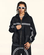 Men's black acid wash zip-up hoodie with white stripes