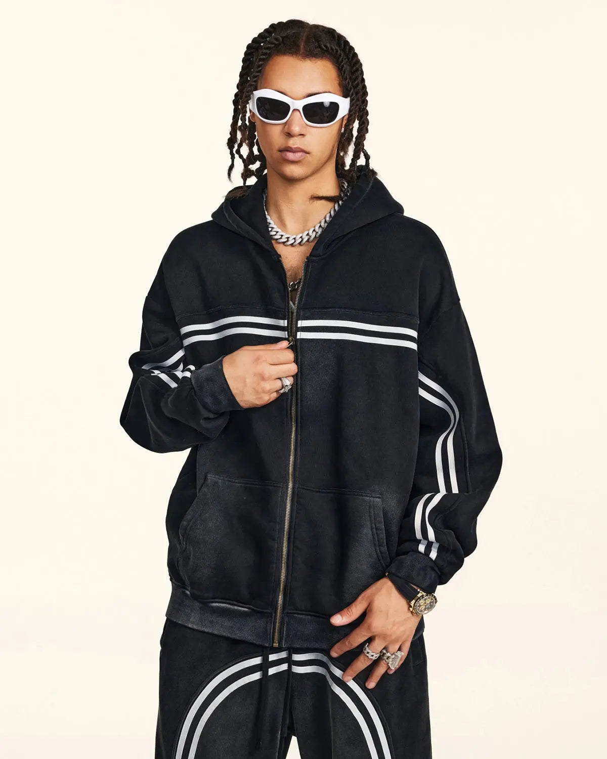 Men's black acid wash zip-up hoodie with white stripes