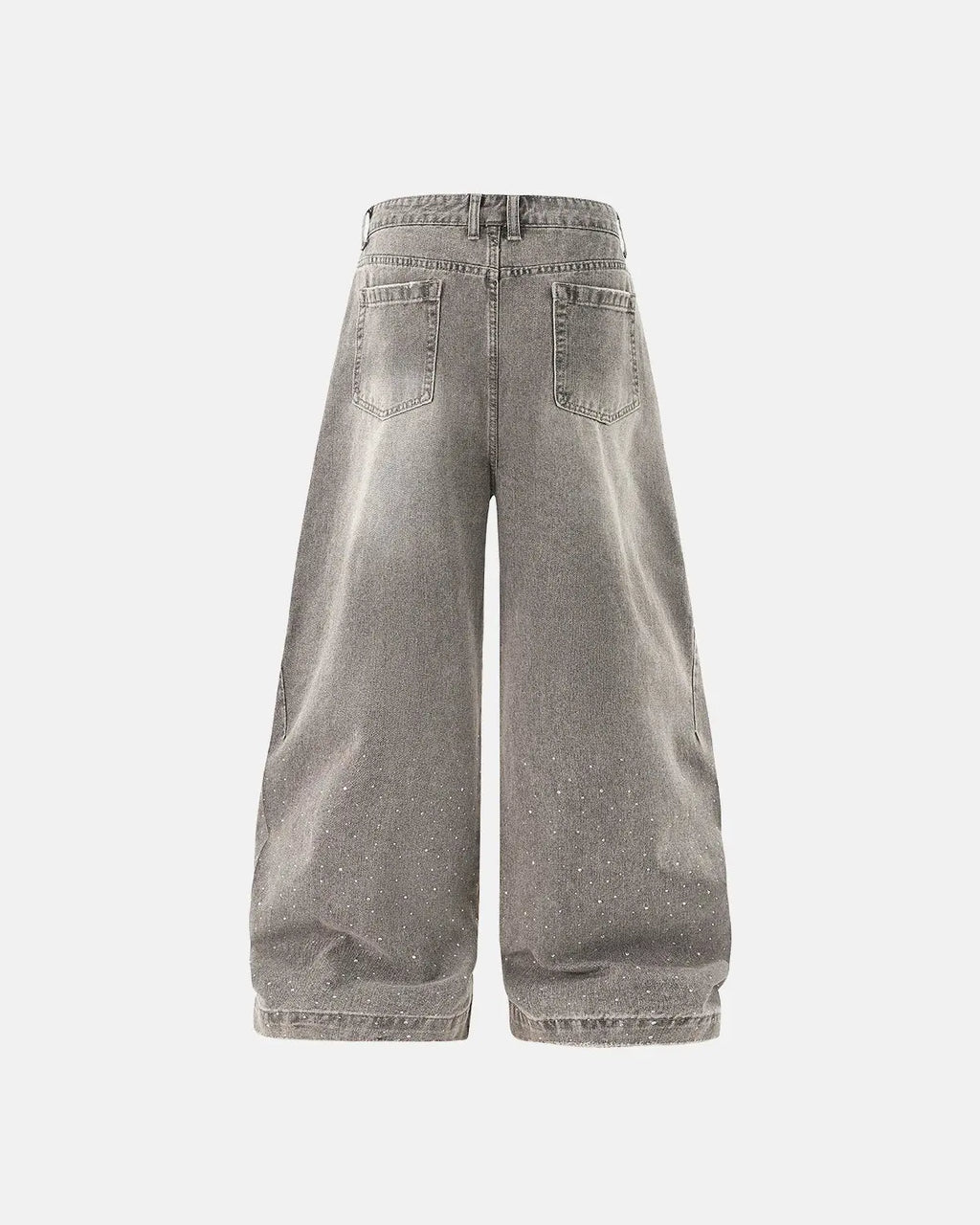 Light gray washed wide-leg jeans with rhinestone lower-leg detail
