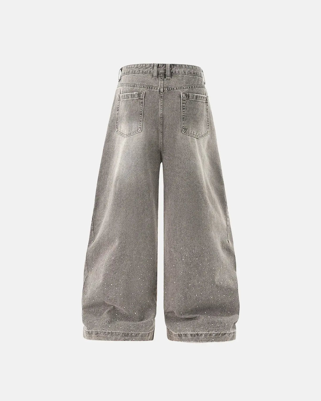 Light gray washed wide-leg jeans with rhinestone lower-leg detail