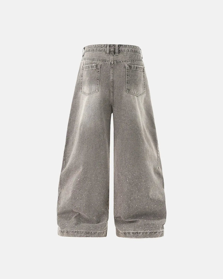 Light gray washed wide-leg jeans with rhinestone lower-leg detail