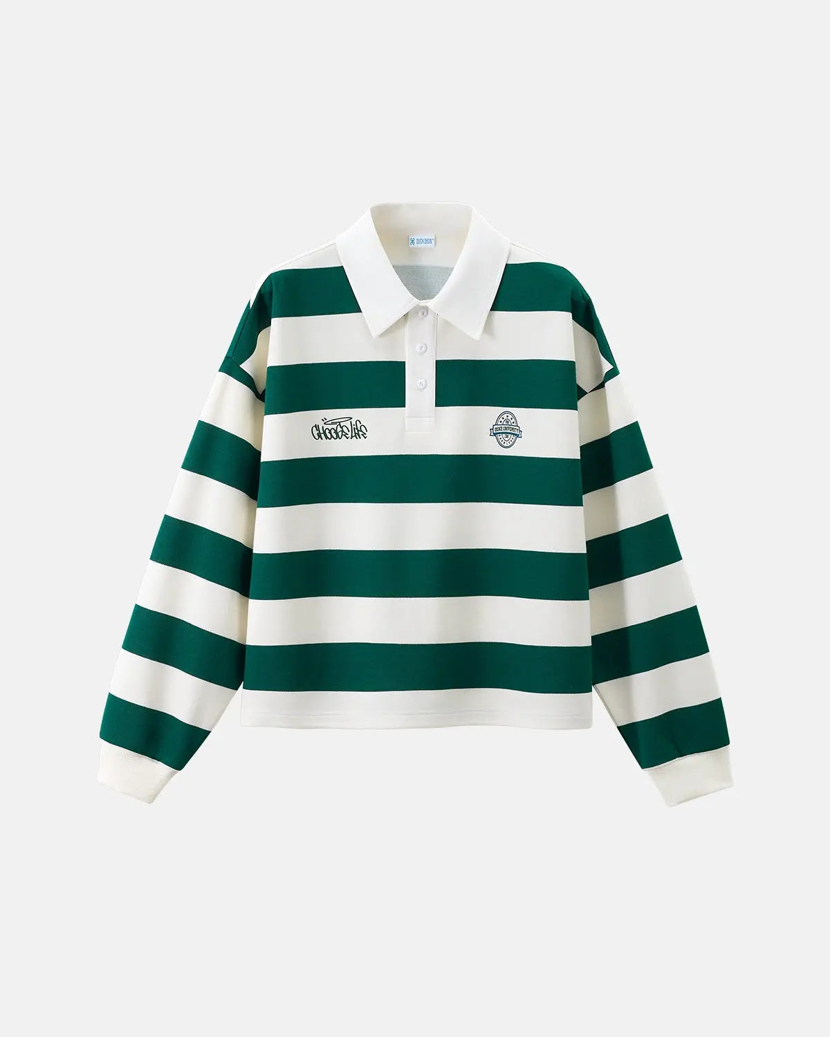 Unisex striped rugby polo shirt with a white collar and long sleeves