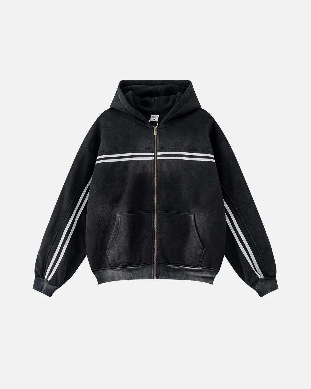 Men's black acid wash zip-up hoodie with white stripes