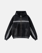 Men's black acid wash zip-up hoodie with white stripes