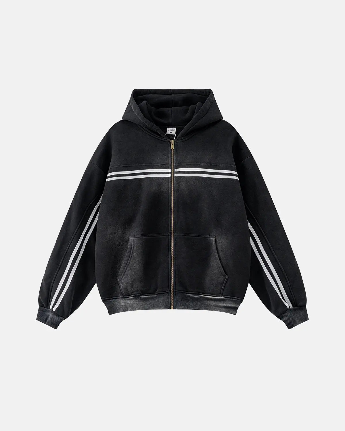 Men's black acid wash zip-up hoodie with white stripes